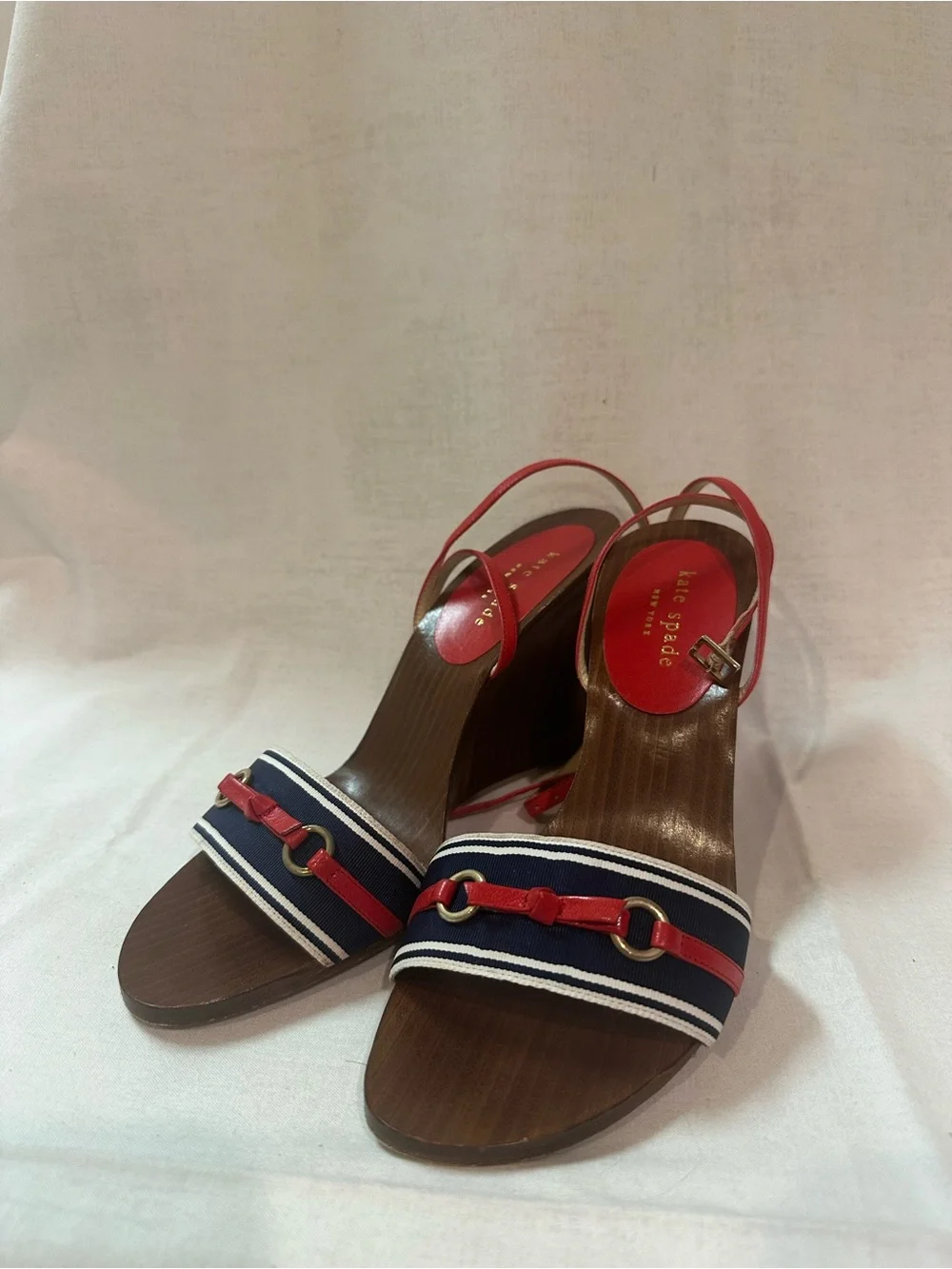 J. Crew Red and Navy Striped Wedge Sandals